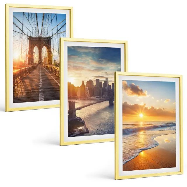 Coloray 3-Delige Schilderij Set - Lichte Texturen Op Zand, Delicate Boho-Stijl - 40 x 60 cm - Wanddecoratie - Woonkamer Decoratie - Muurdecoratie Gouden lijst