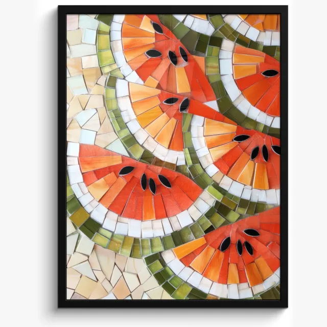 FrameYourWall Poster in lijst - Fotolijst 50x70 cm - Posters - Mozaïek - Watermeloen - Rood - Pitten - Posterlijst zwart - Decoratie - Wanddecoratie woonkamer - Muurdecoratie slaapkamer Watermeloen - Pitten - Mozaïek