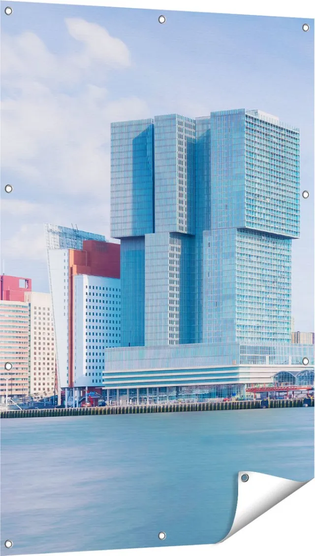Gards Tuinposter Rotterdamse Skyline aan het Water - 80x120 cm - Tuindoek - Tuindecoratie - Wanddecoratie buiten - Tuinschilderij Multikleur