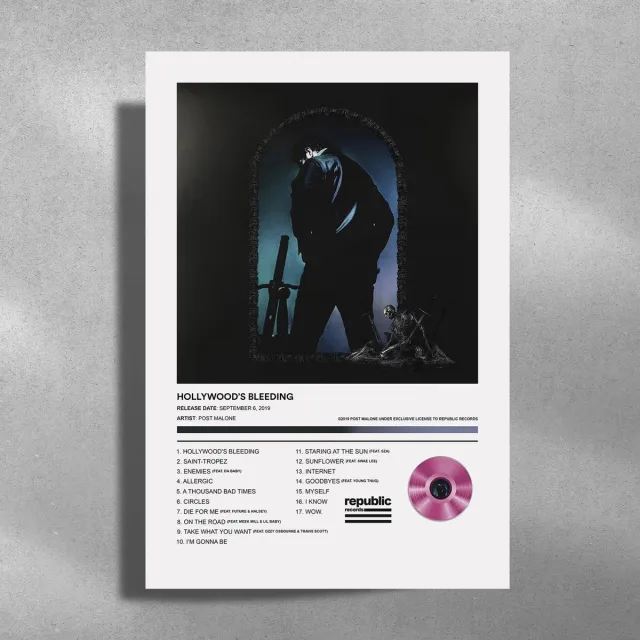 Luxe poster Post Malone - Metalen Poster 30x40cm - Hollywood's Bleeding roze
