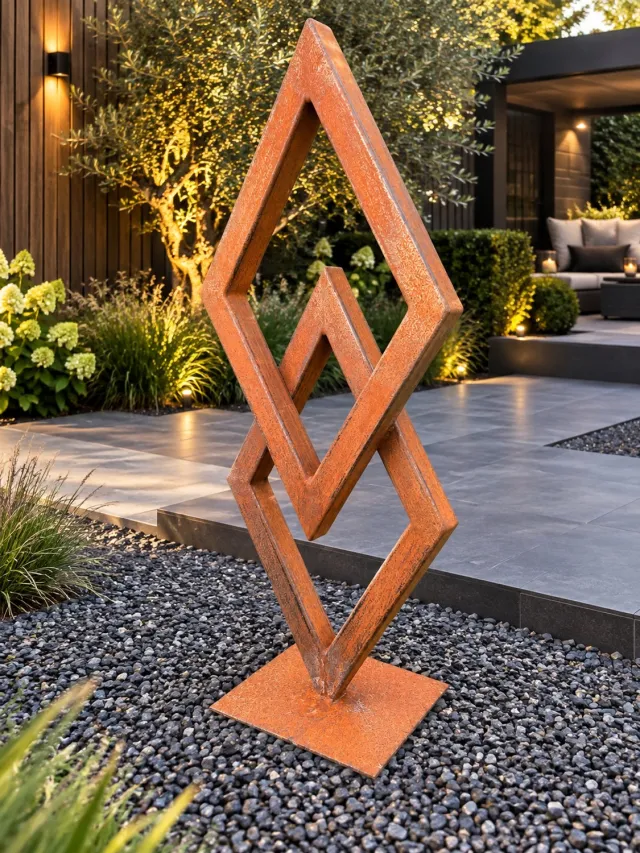 Tuinbeeld Twin Frame – Verticale Abstracte Stalen Tuinsculptuur | Handgemaakte Metaalkunst | Buitensculptuur met Natuurlijke Roestpatina Bruin