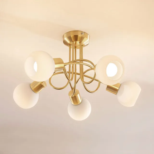 Lindby plafondlamp - 5lichts - Glas, metaal - H: 25.5 cm - E14 - wit, mat messing