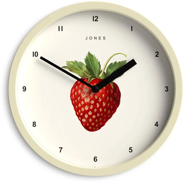 Jones Clocks Fruit wandklok | Kleine ronde klok | 20 cm | Crème | Illustratie met botanische aardbeien | Ideaal voor keuken en eetkamer.