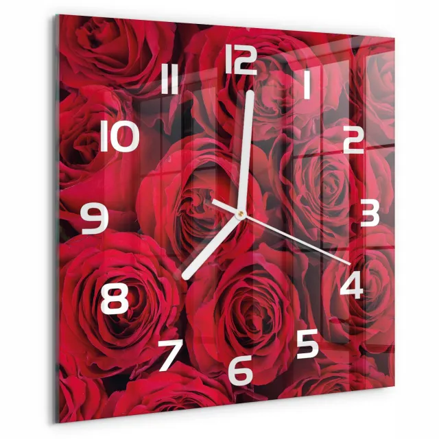 TULUP Wandklok - Rozen Klok Glas Met Opdruk - 30x30 cm - Rood Moderne Wandklok Glas - Witte handen - Vierkante Klok - Decoratieve Glazen Klok - Glazen Wandklok Design