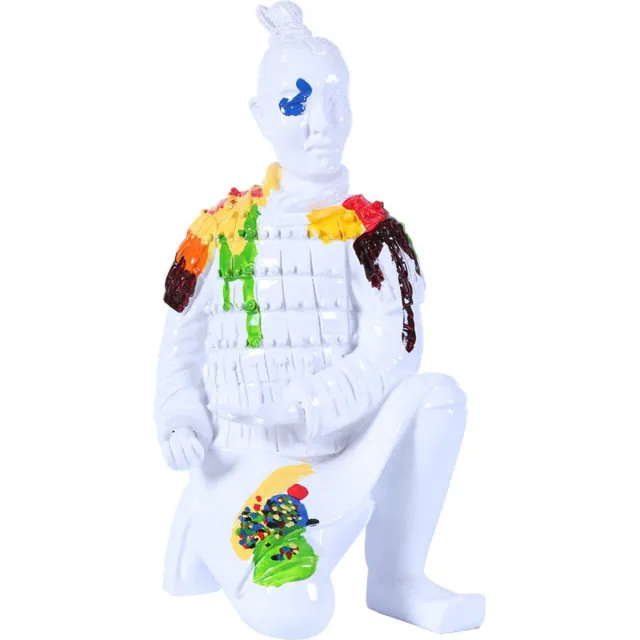 Fine Asianliving Terracotta Beeld Knielende Boogschutter Pop Art Splash Handgeschilderd B17xD15xH32cm Wit, Multicolour