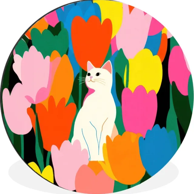 WallCircle Wandcirkel - Muurcirkel - Tulpen - Kat - Kleurrijk - Aluminium - Dibond - 90x90 cm - Binnen en Buiten