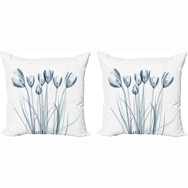 ABAKUHAUS Bloem Sierkussenhoes Set van 2, Tulpen met Solar-Effekt, Modern Accent Dubbelzijdige Digitale Print, 40x40, Dunkel Petrol Blauw Wit