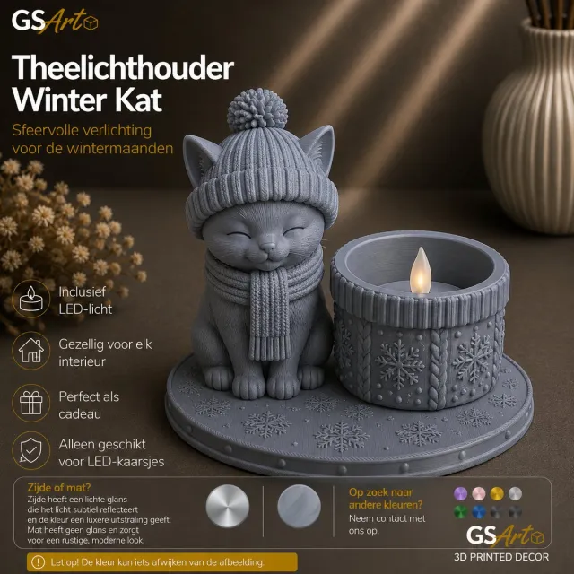 GSArt Theelichthouder Winter Kat – Inclusief LED-kaarsje - Mat Asgrijs