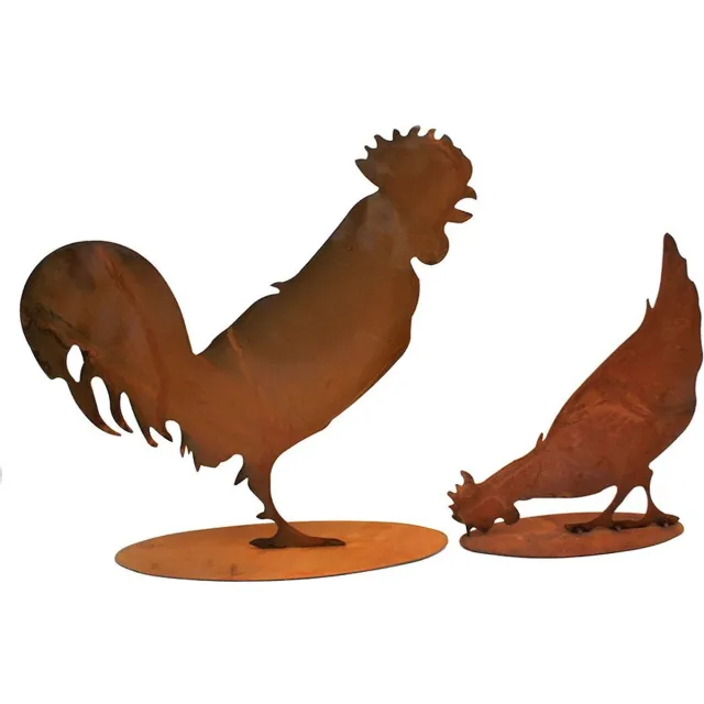 Rostikal Roestmetalen Hen en Haan – Set van 2 – Tuindecoratie met Patina Bruin/Roest/Metaal