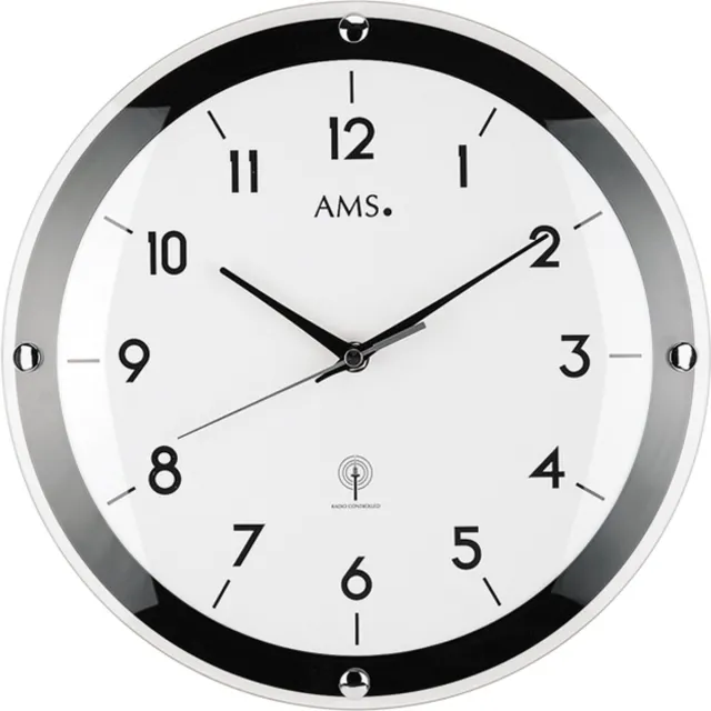 AMS F5906 - Wandklok - Analoog - Metaal - Kunststof - Radiogestuurde tijdsaanduiding - Mineraal Glas - Zwart