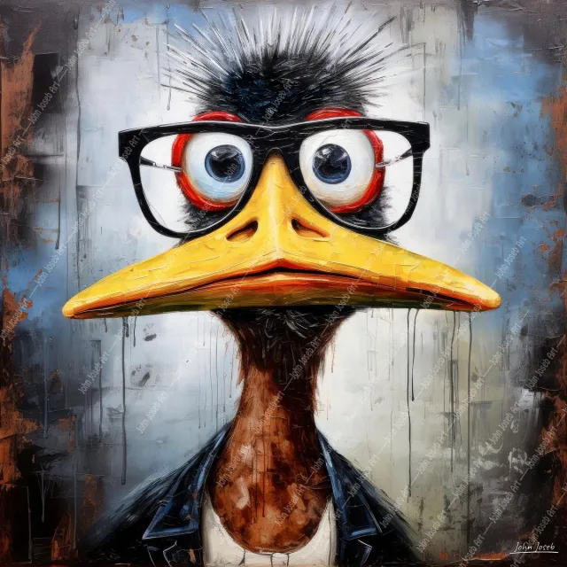 John Joseb Art (Aluminium) 60x60 | Grappige gekke eend met bril en jas, portret, kleurrijk, kunst | dier, vogel, humor, bruin, rood, geel, vierkant, modern | foto-schilderij op dibond, metaal wanddecoratie Aluminium, dikte 3 mm