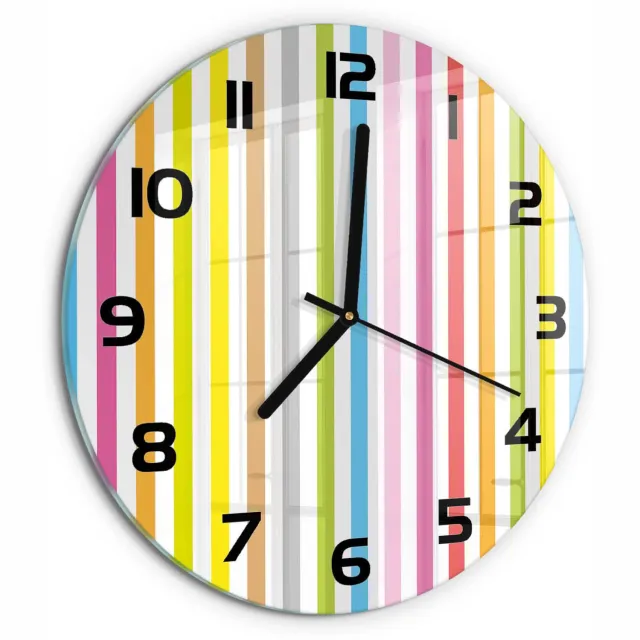 TULUP Wandklok - Kleurrijke strepen Klok Glas Met Opdruk - fi30 cm - Veelkleurig Moderne Wandklok Glas - Zwarte handen - Ronde Klok - Decoratieve Glazen Klok - Glazen Wandklok Design