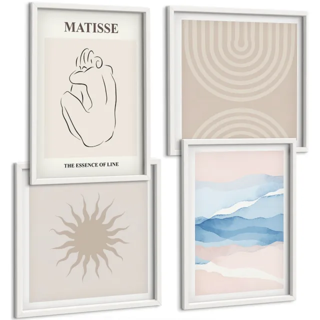 Coloray 4-Delige Schilderij Set - Lijnen En Golven In Pasteltinten Met Een Minimalistisch Accent. - 40 x 40 En 40 x 60 - Muurdecoratie - Schilderijen Set - Woonkamer Witte lijst