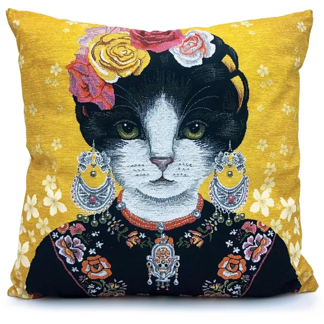 Woontante Sierkussen Kat - Kat Kussenhoes - Frida Kahlo - 45x45 cm - Geel