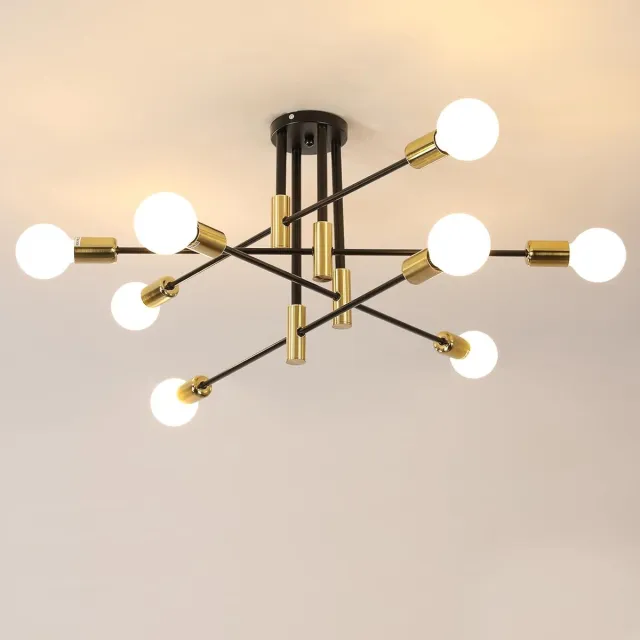 Haobosic Industriële Vintage Sputnik Plafondlamp 90 cm - 8 E27 Verlichting voor Woonkamer, Keuken, Slaapkamer - Zwart met Goud - Zonder Lampen Inbegrepen Black