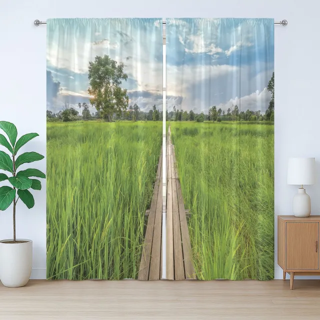 ABAKUHAUS Aziatisch rustiek gordijn, oude houten brug, rijstveld, met lussen en haken voor de woonkamer, 280 x 225 cm, groen, lichtblauw, beige
