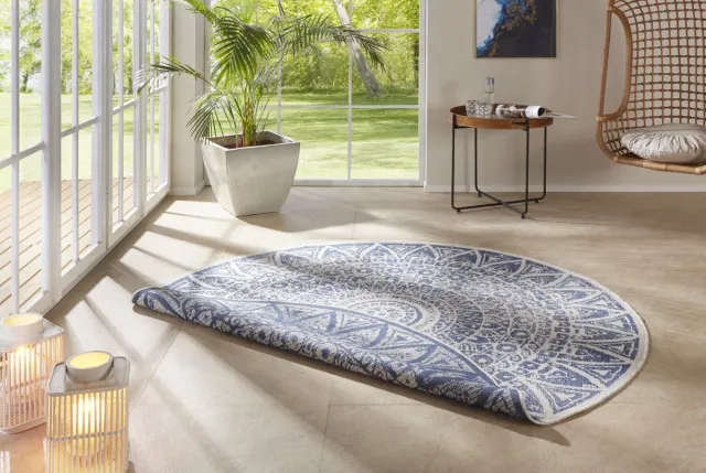 flycarpets Laagpolig Rond Vloerkleed - Omkeerbaar Binnen en Buitenkleed - Blauw 140cm rond Ø