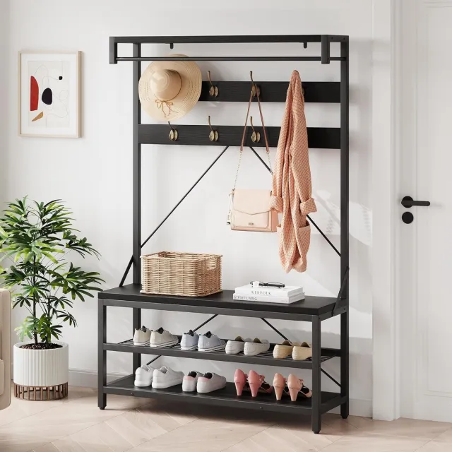 HOERFURIY Kapstok staand, Industrieel halmeubel met bank - kapstokken met 9 haken & legplank, rustiek bruin/zwart, 101 x 40 x 182 cm - Zwart
