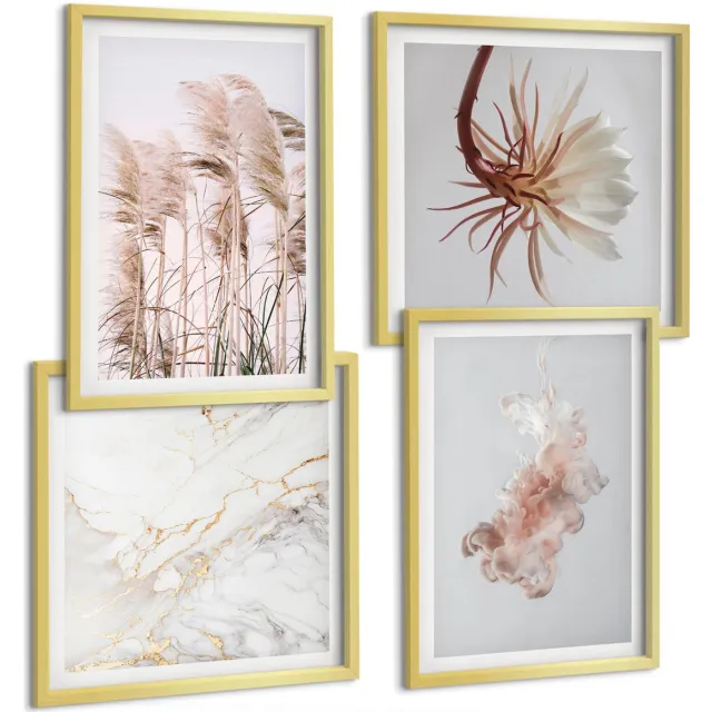 TULUP 4-Delige Schilderij Set - Elegante bloemen en grassen in wit marmer - 40 x 40 cm en 40 x 60 cm - Muurdecoratie - Decoratieve Schilderijen - Wohnzimmer - Stijlvolle Muurdecoratie Gouden lijst