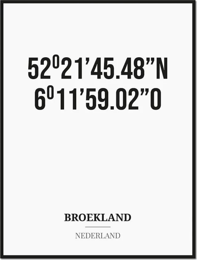 Studio216 Poster/kaart BROEKLAND met coördinaten zwart, wit
