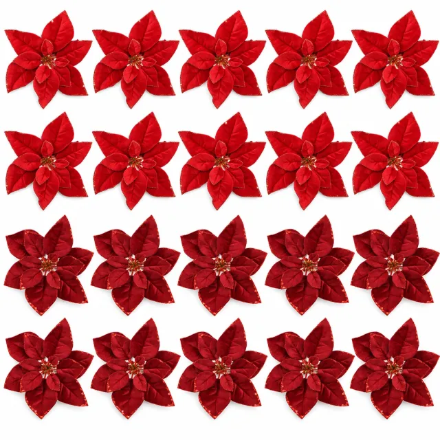HEM Kerststerren op Clip - Set van 20 - 28 cm - Fluwelen Kerstbloemen met Glitterrand - Rood/Bordeauxrood