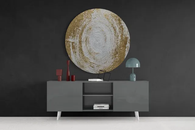 Insigne Art Rond Glasschilderij – Abstract Goud en Wit Textuur – Luxe Moderne Wanddecoratie - 60cm