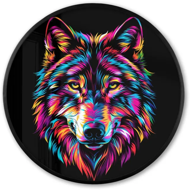 FrameYourWall Poster in lijst Rond - Fotolijst 80x80 cm - Posters - Wolf - Kleurrijk - Zwart - Dieren - Neon - Ronde posterlijst zwart - Decoratie - Wanddecoratie woonkamer - Muurdecoratie slaapkamer