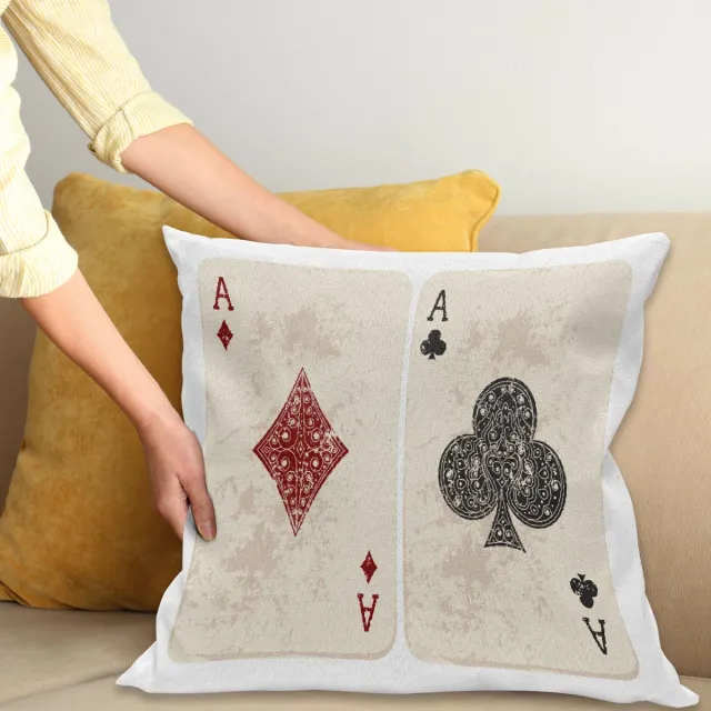 ABAKUHAUS Lifestyle Sierkussenhoes, Ace van Diamonds Clubs Poker Cards Game Grunge Gambling Fortune Illustratie, Decoratieve Vierkante Sierkussenhoes, 60 x 60 cm, Crème Rood
