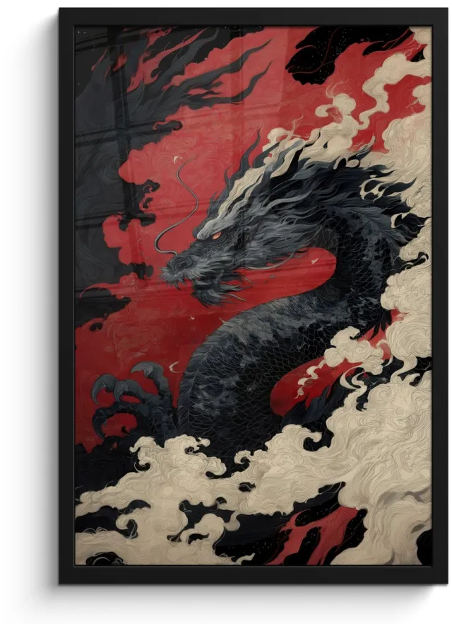 FrameYourWall Poster in lijst - Fotolijst 40x60 cm - Posters - Zwarte draak - Rookwolken - Rood - Posterlijst zwart - Decoratie - Wanddecoratie woonkamer - Muurdecoratie slaapkamer
