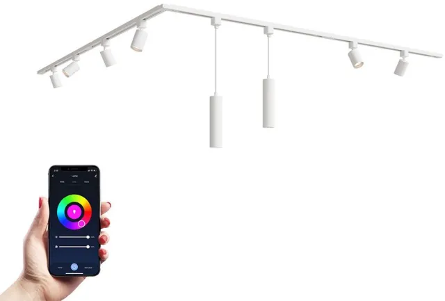 HOFTRONIC railverlichting pakket L-vorm – 4x 1 meter rail 6 railspots 2 hanglamp RGBWW GU10 – dimbaar – aluminium wit – IP20 – modulair – 230V – smart verlichting woonkamer keuken