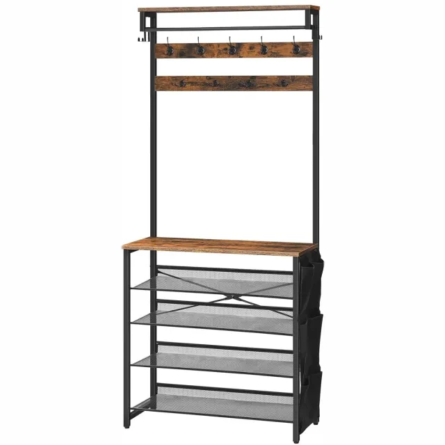Trankielo Multifunctioneel Kledingrek met Schoenenrek – 5 Niveaus – Verstelbaar Metalen Rooster – Vintage Bruin Zwart bruin