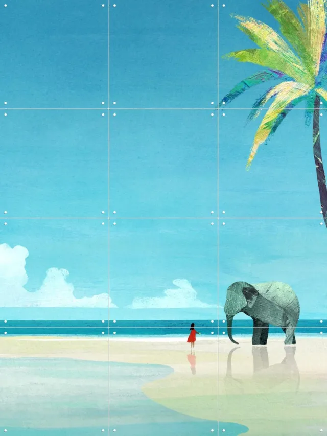 IXXI Elephant Beach, Henry Rivers - 60 x 80 cm - Grote wanddecoratie en posters - Speels, Grafisch Ontwerp, Digitale Kunst, Illustraties, Woonkamer Blauw