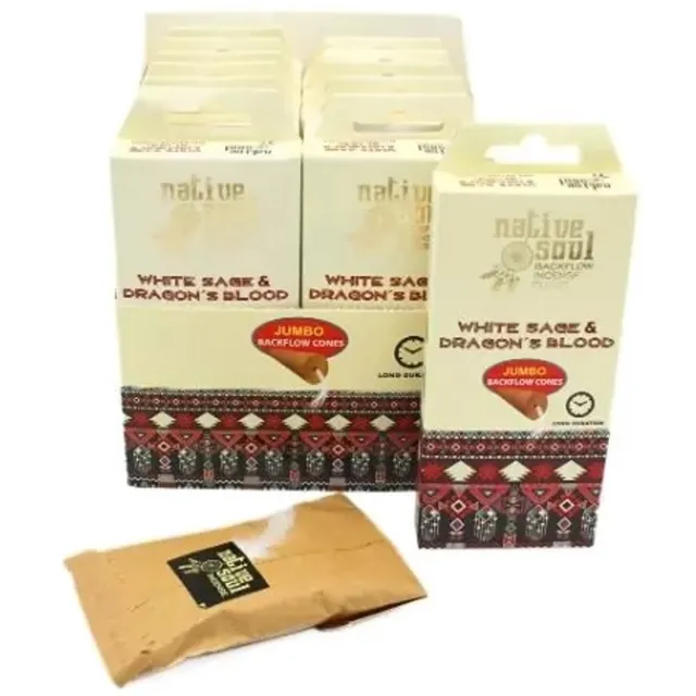 Native Soul backflow wierook - witte salie dragons blood - wierook kegels - doos 12 pakjes witte salie dragonsblood