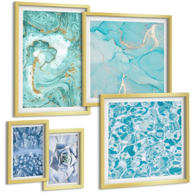 Coloray 5-Delige Schilderij Set - Stijlvolle Accenten In Turquoise En Blauwe Tinten. - 50 x 50 cm, 20 x 30 cm En 40 x 60 cm - Wanddecoratie - Schilderijen Set - Kantoor - Stijlvolle Muurdecoratie Gouden lijst