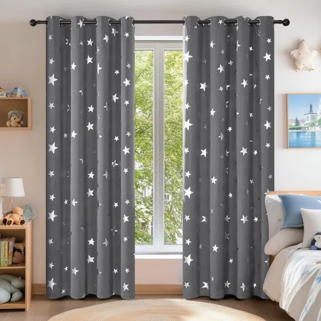 Famanu Licht Grijs Verduisterende Gordijnen met Oogjes - Sterren Thermisch Gordijnen voor Slaapkamer - cm (B x H) - Lichtgrijs - set van 2