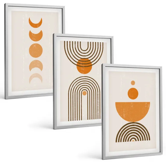 Coloray 3-Delige Schilderij Set - Boho Minimalistisch Decoratief Ontwerp - 40 x 60 cm - Moderne Wanddecoratie - Slaapkamer Zilveren lijst
