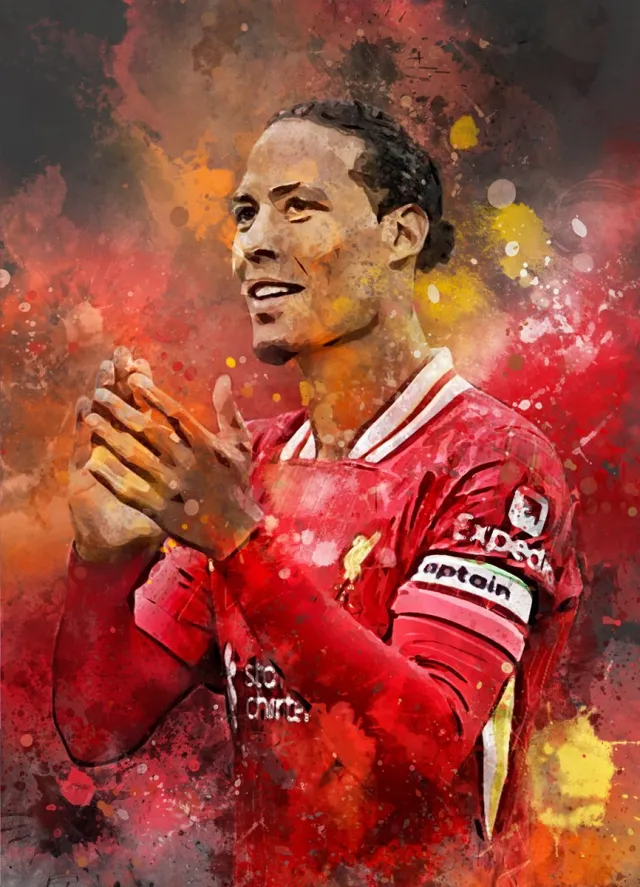 Van Dijk poster - Voetbal wanddecoratie Virgil van Dijk - A1 poster - 59.4x84 cm - Semi glossy fotopapier - Voetbal fan poster - Unieke poster cadeau voor een echte voetbalfan Donkergrijze achtergrondkleur
