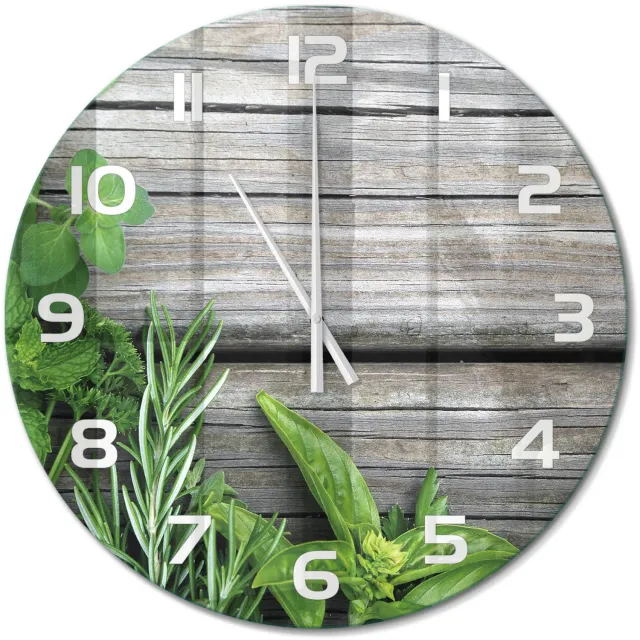 TULUP Wandklok - Houten kruidenachtergrond Glazen Klok Met Print - fi60 cm - Groente Wandklok Glas Met Motief - Witte handen - Ronde Klok - Wandklok Glas Decoratie - Gekleurde Glazen Klok