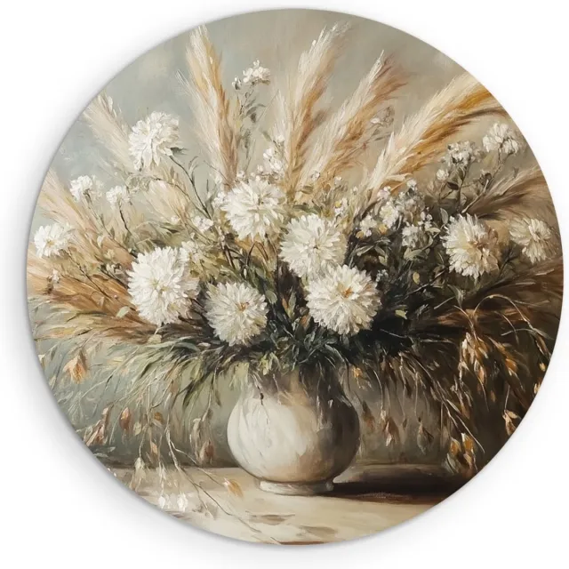 Saammp Muurcirkel Hout - Witte bloemen in beige vaas - Natuur - Abstract - Ø 80 - Wandcirkel - Wanddecoratie Cirkel - Muurdecoratie Woonkamer - Woonkamer Decoratie