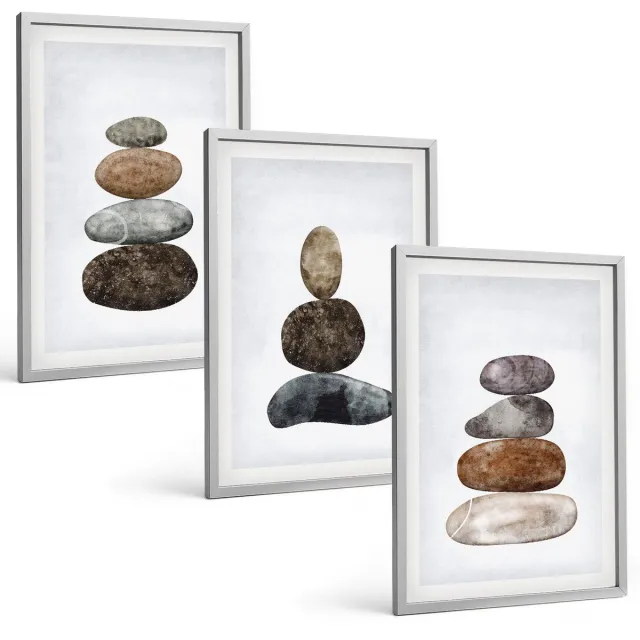 Coloray 3-Delige Schilderij Set - Minimalistisch Boho-Schilderij Van Steenstapels - 40 x 60 cm - Decoratieve Schilderijen - Woonkamer - Interieur - Interieur Decoratie Zilveren lijst