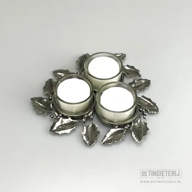 De tingieterij Waxinelichthouder hulst 3-tak - Kerst theelichthouder krans - Luxe en handgemaakt - sfeerverlichting - kaarsenhouder Zilver