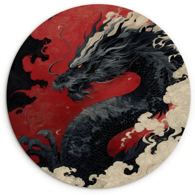 WallCircle Wandcirkel 90x90 cm - Muurcirkel Zwarte draak - Rookwolken - Rood - Muurdecoratie woonkamer - Wanddecoratie slaapkamer - Kamer decoratie accessoires - Ronde schilderijen
