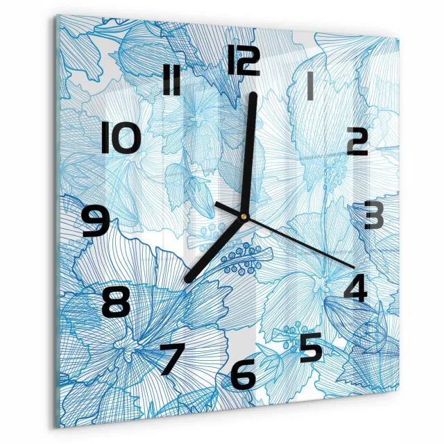 TULUP Wandklok - Hawaiiaanse bloemen Gekleurde Glazen Klok - 30x30 cm - Blauw Glazen Klok Met Print - Zwarte handen - Vierkante Klok - Moderne Wandklok Glas - Wandklok Glas Decoratie