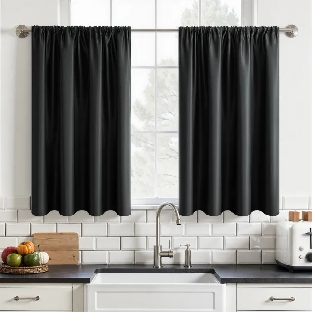 Famanu Waterdichte gordijnen voor keukenramen, verduisterende thermische roede zakgordijnen voor café, caravan en badkamer, set van 2 panelen 90 x 90 cm in houtskoolkleur