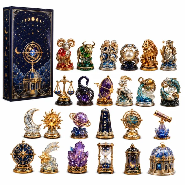 SWGOTA Adventskalender met sterrenbeelden en hemelmotieven, 24 dagen, decoratieve figuren, verpakking 26 x 18 x 3 cm Goud
