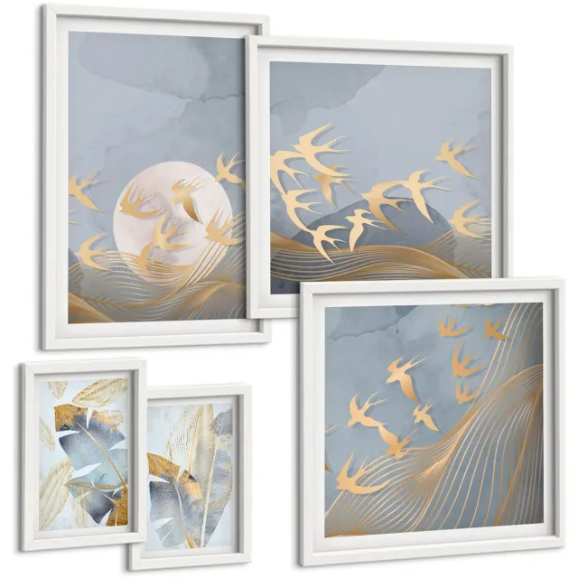 TULUP 4-Delige Schilderij Set - Stijlvolle accenten met een vogel- en bladmotief in grijstinten. - 50 x 50 cm, 20 x 30 cm en 40 x 60 cm - Wanddecoratie - Woonkamer Decoratie - Decoratieve Schilderijen Witte lijst
