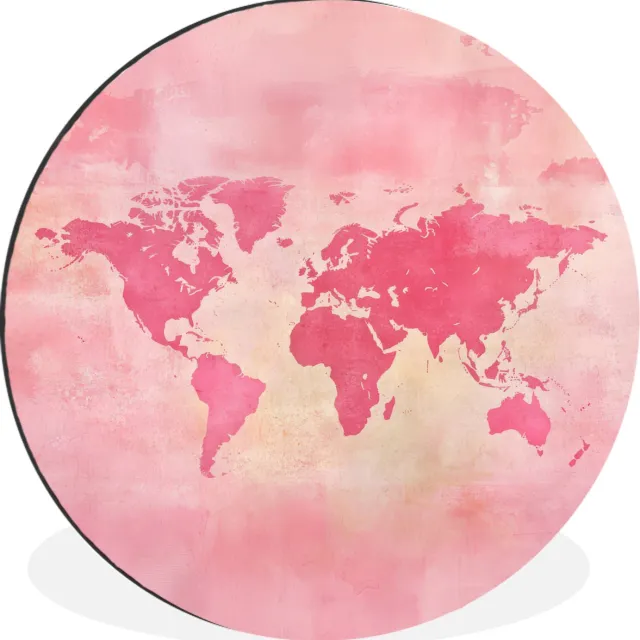 WallCircle Wandcirkel - Muurcirkel - Wereldkaart - Roze - Vaag - Aluminium - Dibond - 120x120 cm - Binnen en Buiten