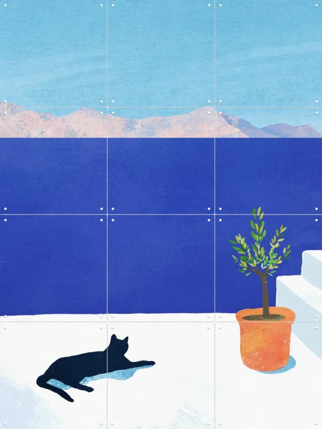 IXXI Cat Siesta, Henry Rivers - 60 x 80 cm - Grote wanddecoratie en posters - Illustraties, Speels, Digitale Kunst, Grafisch Ontwerp, Minimalisme Groen / Wit / Blauw