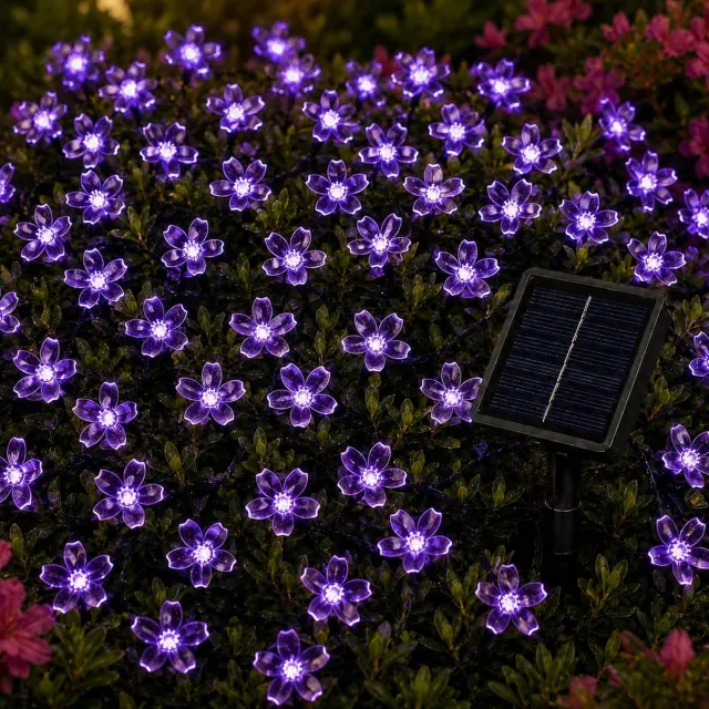 KZQ Zonne-led-ketting met kersenbloesemdesign, 5 meter met 20 paarse leds en 8 verschillende standen, weerbestendig en superhelder, ideaal voor tuin, balkon, bruiloft, feest, festival en kerstversiering