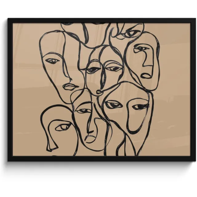 FrameYourWall Poster in lijst - Fotolijst 80x60 cm - Posters - Gezichtenzee - Lijntekening - Abstract - Posterlijst zwart - Decoratie - Wanddecoratie woonkamer - Muurdecoratie slaapkamer Gezichten - Lijntekening